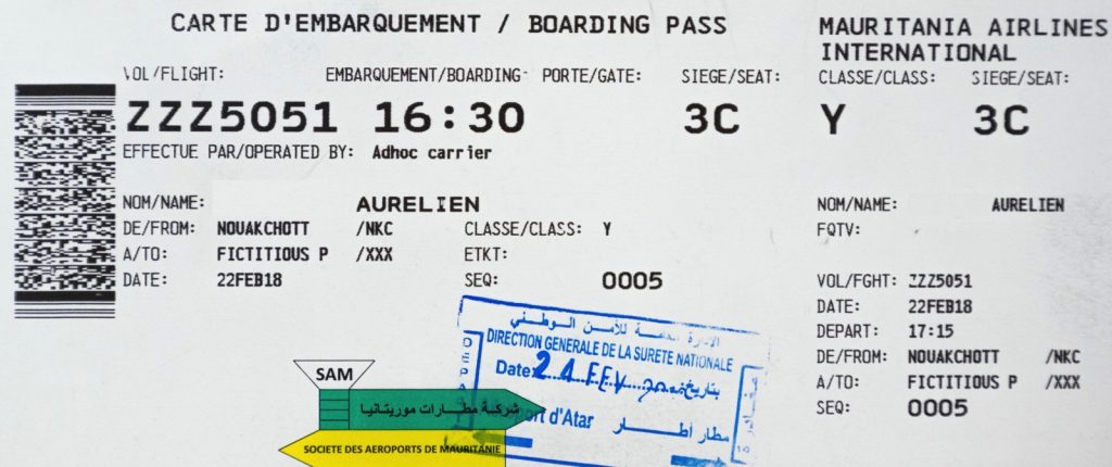 Boarding pass du vol retour de la Mauritanie