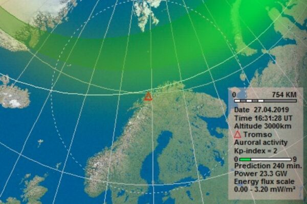 Carte avec indice Kp pour les aurores boréales en Norvège