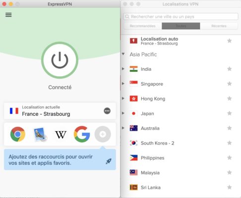 Choix du serveur et de son implantation sur l'application ExpressVPN