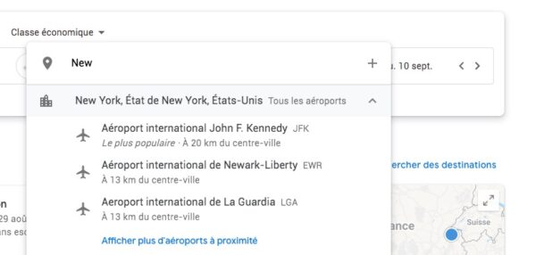 Choix de l'aéroport sur Google Flights