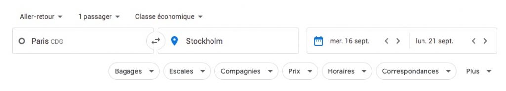 Filtres sur la recherche Google Flights