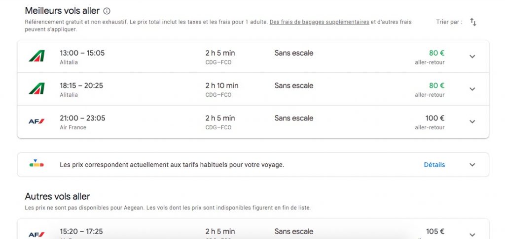 Comparatif des prix des billets