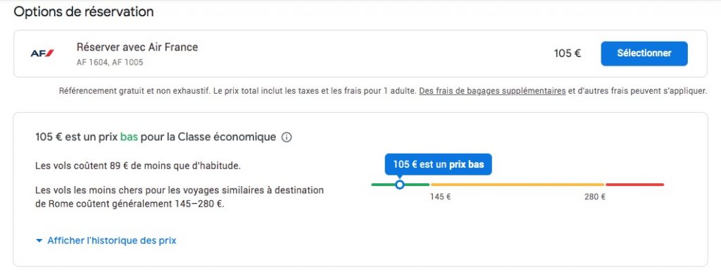 Prévision du prix sur Google Flights