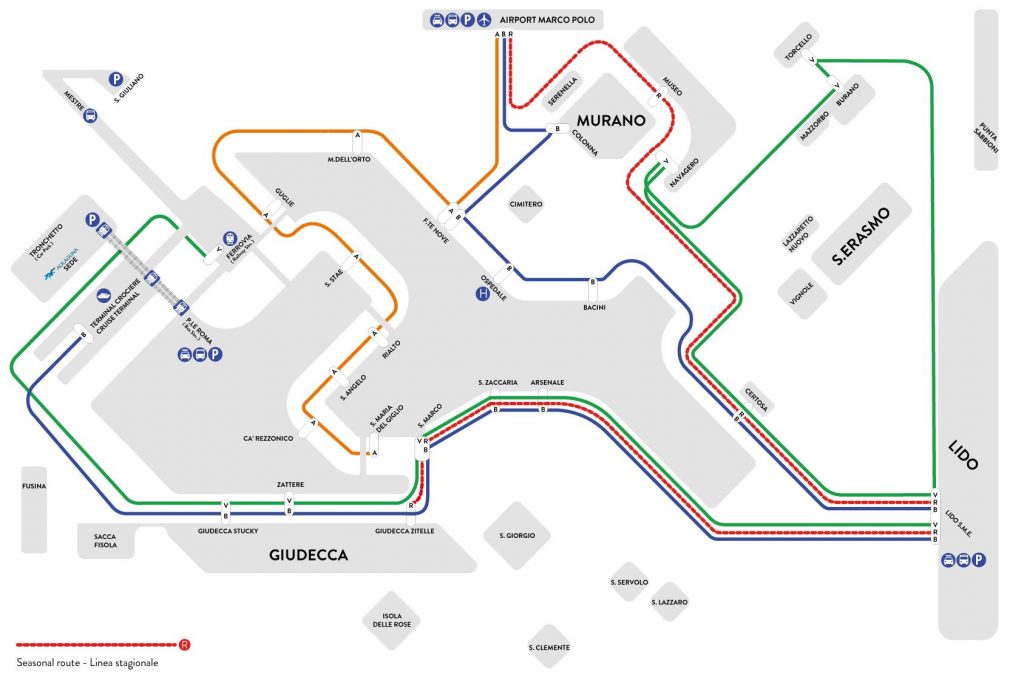 Plan du réseau Alilaguna pour le transfert de l'aéroport à Venise