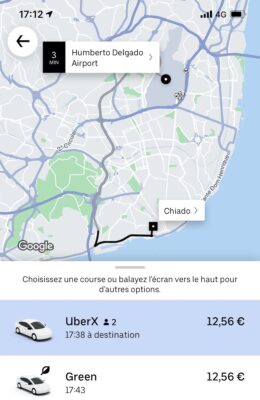 Trajet Uber de l'aéroport au centre ville de Lisbonne