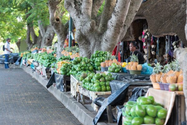 Marché aux fruits et aux souvenirs à Santa Lucia en Afrique du Sud